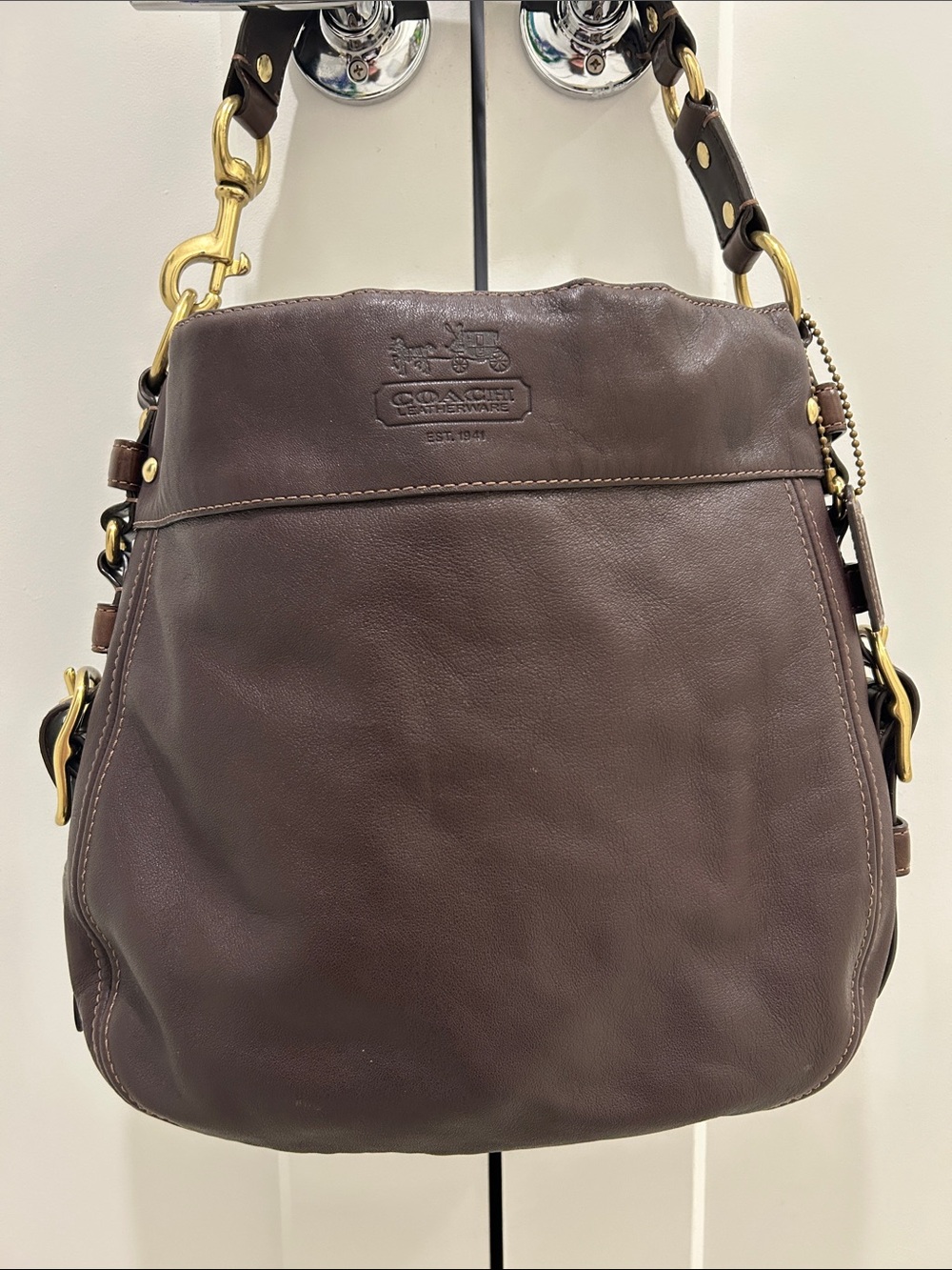 Coach Zoe Hobo Brown Leather Shoulder Bag with Gold Accents